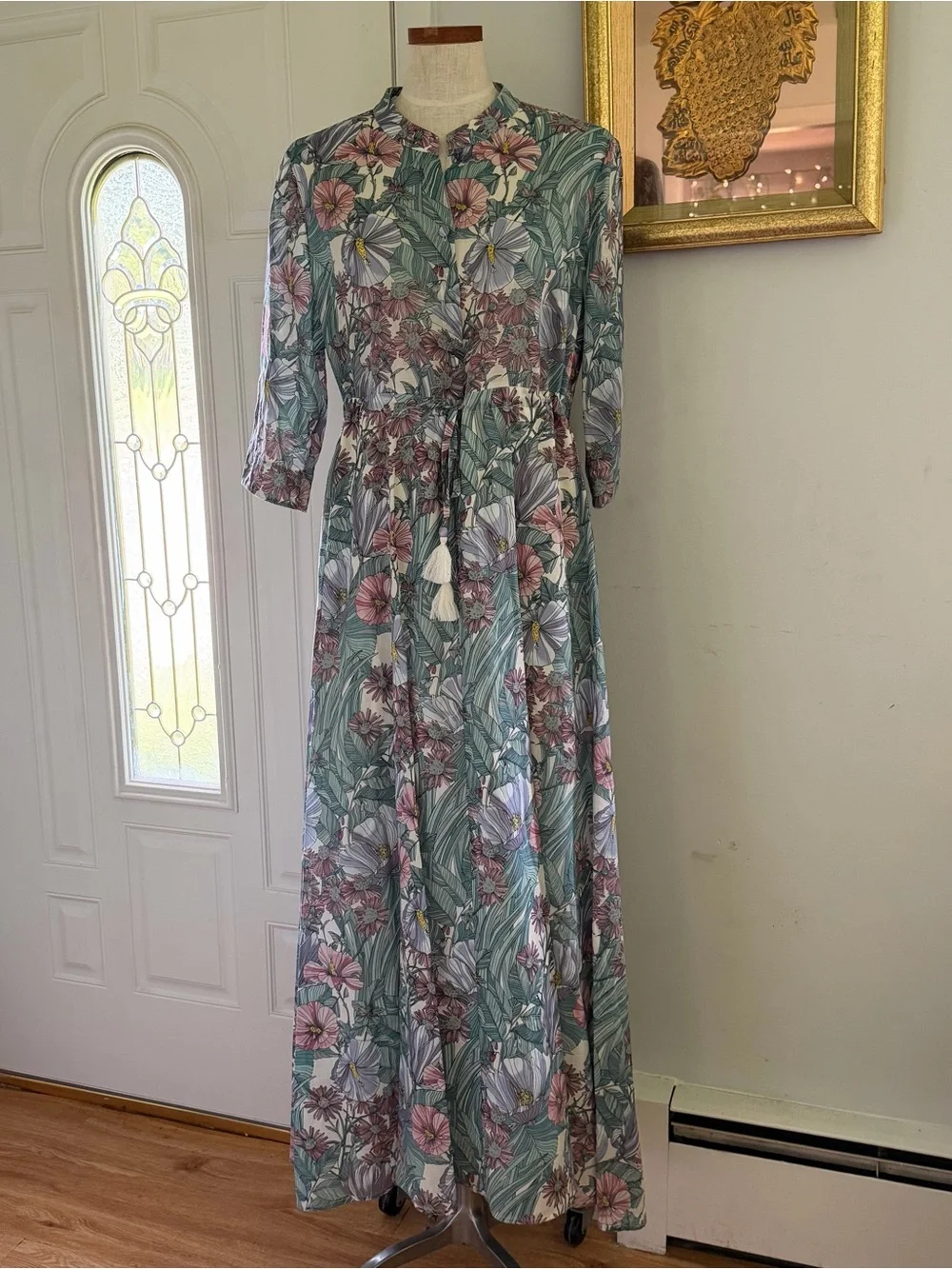 Tory Burch Blue floral print Mousseline Maxi shirt dress with tassels sz XL NWOT